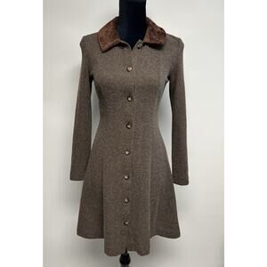 VTG Japanese Designer Hiromi Yoshida Knit Pea Coat A-line Faux Fur Trim‎ Small